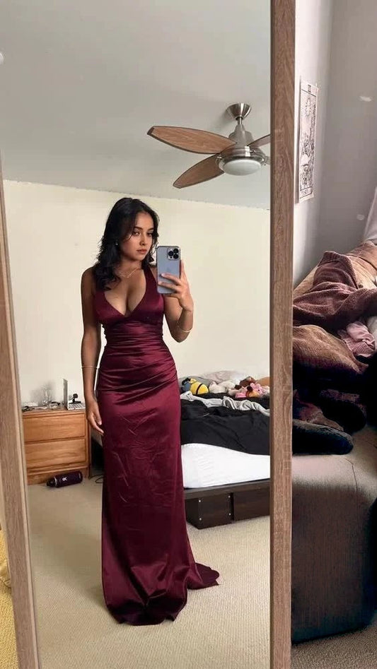 Simple Halter Mermaid Long Prom Dresses Satin V-Neck Evening Party Dress,LTP4335