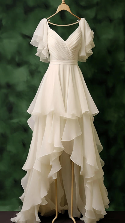 Simple White Chiffon High Low Prom Dresses Ruffle Wedding Dress,AST2156