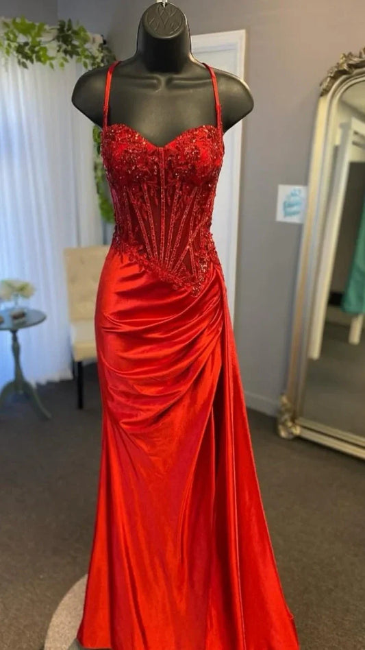 Spaghetti Straps Mermaid Prom Dresses Appliques Satin Evening Party Dress With Split,AST2202