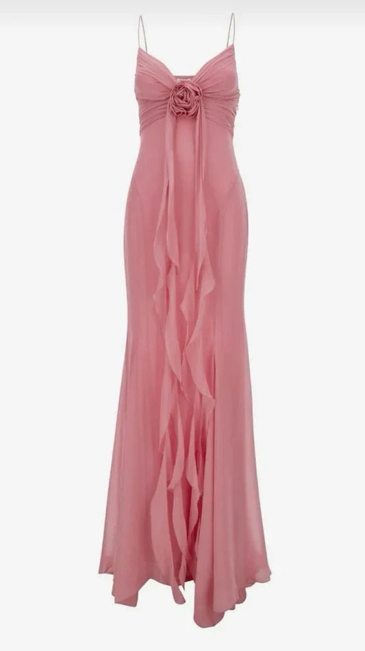 Spaghetti Straps Pink Chiffon Prom Dresses Ruffle Mermaid Evening Party Dress,AST2228