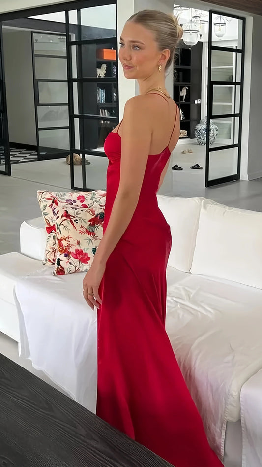 Spaghetti Straps Red Prom Dresses Long Evening Dress Sexy Party Gown With High Slit,AST2204