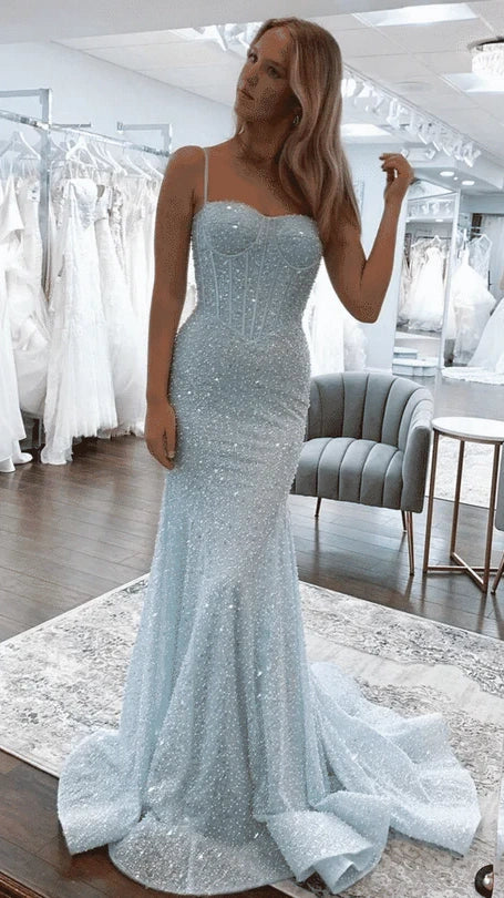 Sparkle Light Blue Mermaid Sequin Long Prom Dresses Sweetheart Evening Party Dress,AST2195