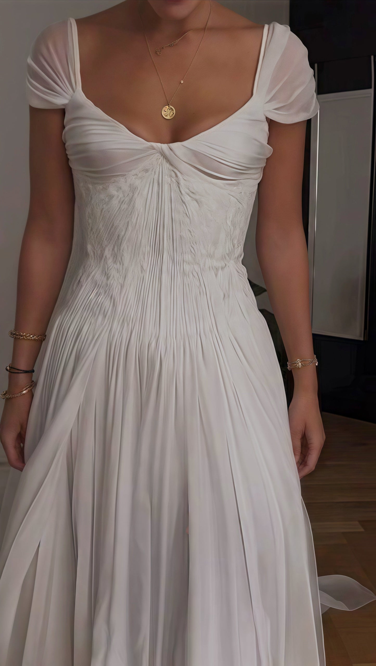 White Pleated Chiffon Wedding Gown - Cap Sleeves V-Neck Bridal Dress