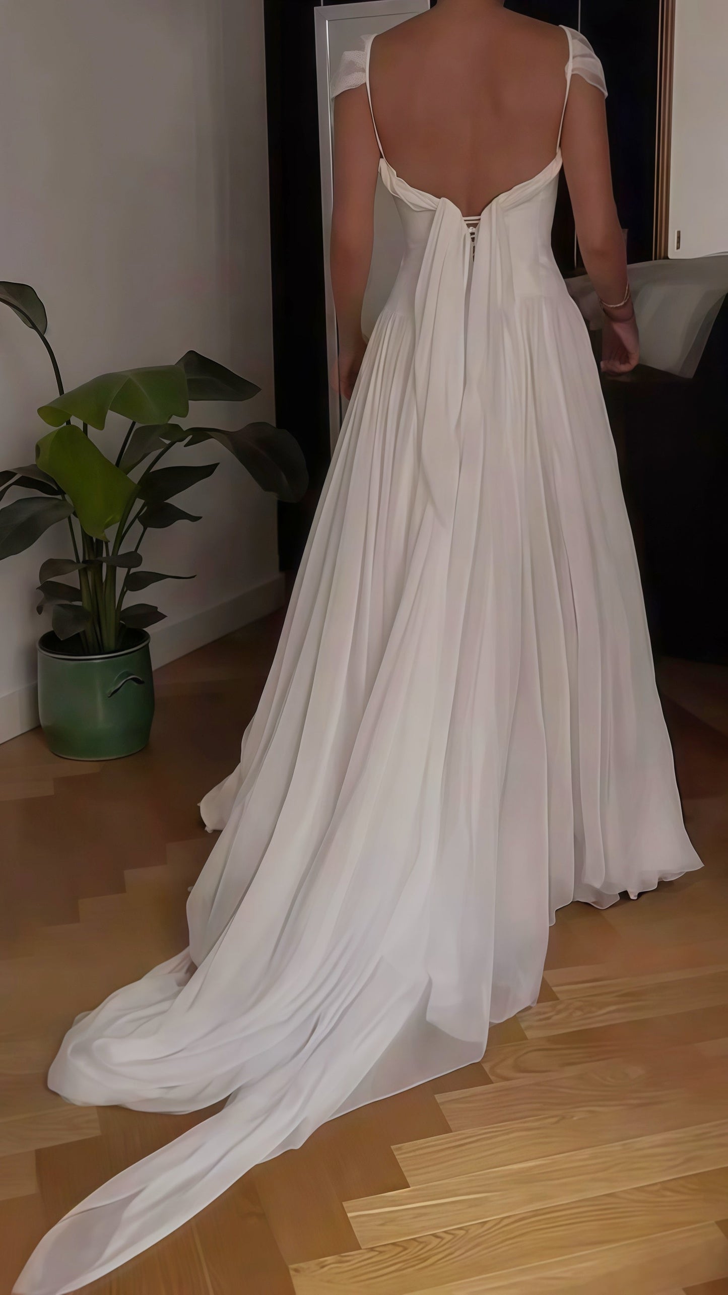 White Pleated Chiffon Wedding Gown - Cap Sleeves V-Neck Bridal Dress