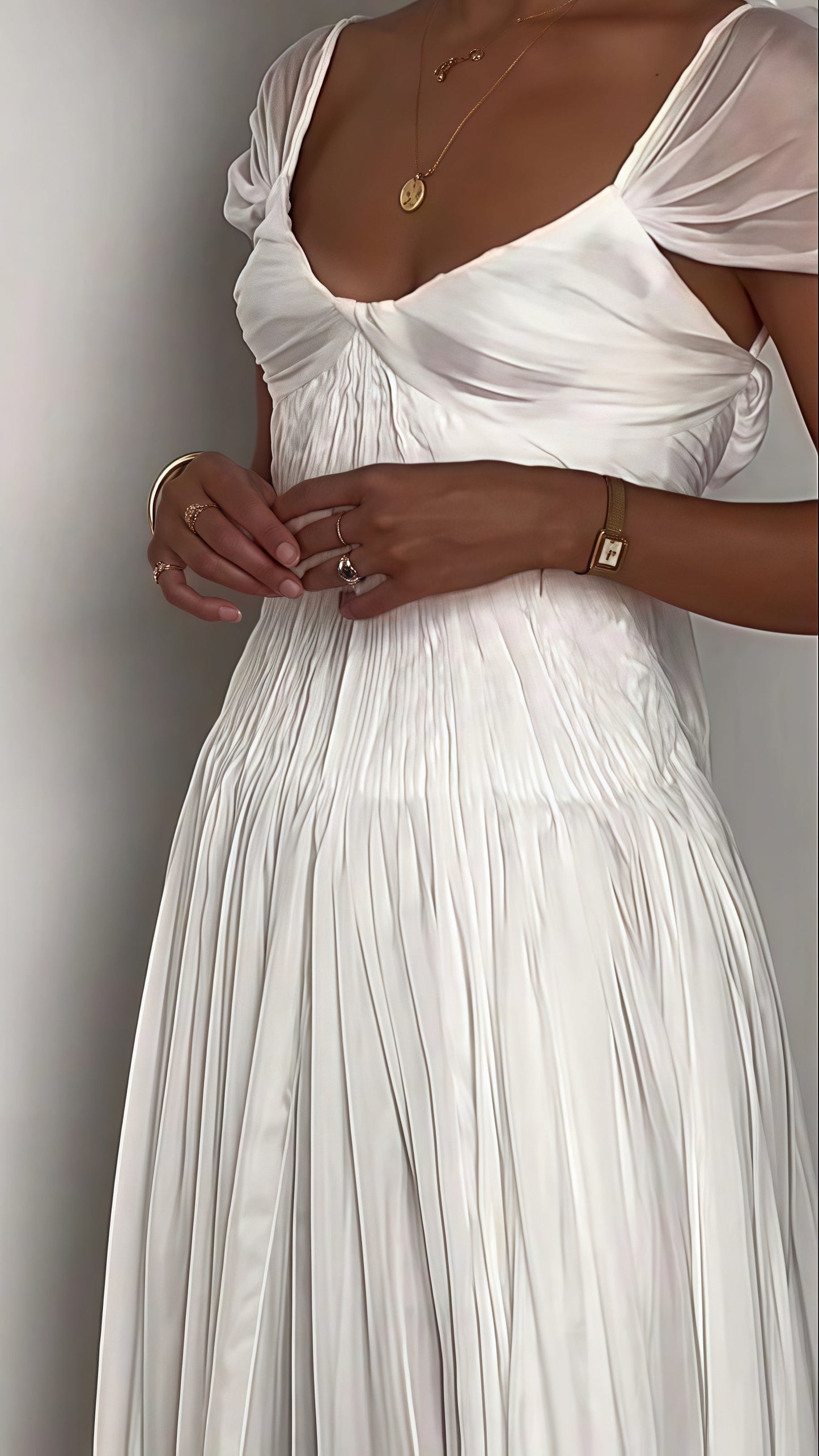 White Pleated Chiffon Wedding Gown - Cap Sleeves V-Neck Bridal Dress