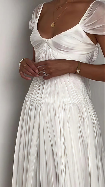 White Pleated Chiffon Wedding Gown - Cap Sleeves V-Neck Bridal Dress