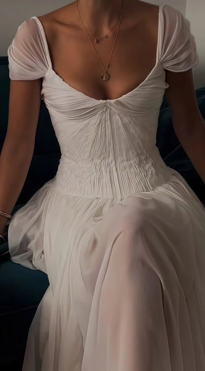 White Pleated Chiffon Wedding Gown - Cap Sleeves V-Neck Bridal Dress