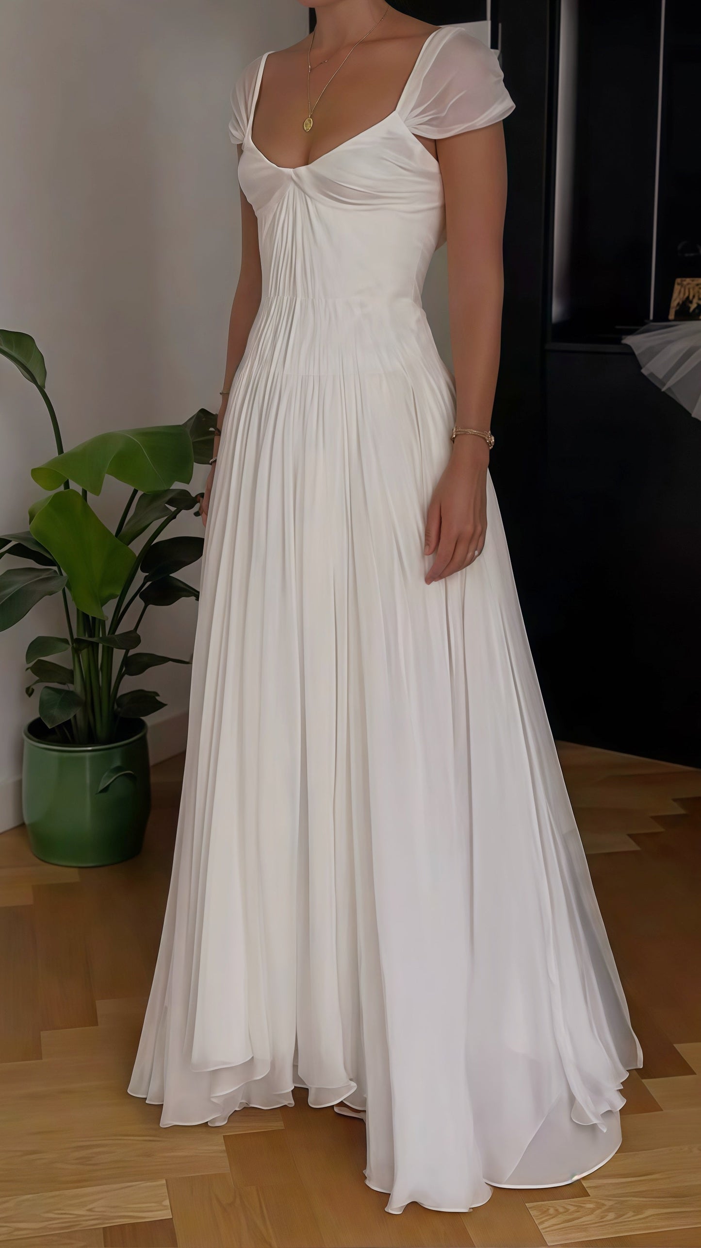 White Pleated Chiffon Wedding Gown - Cap Sleeves V-Neck Bridal Dress
