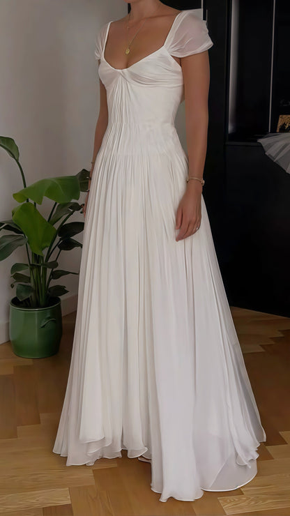 White Pleated Chiffon Wedding Gown - Cap Sleeves V-Neck Bridal Dress