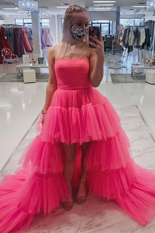 Strapless Hot Pink High Low Prom Dresses, Hot Pink High Low Formal Homecoming Dresses
