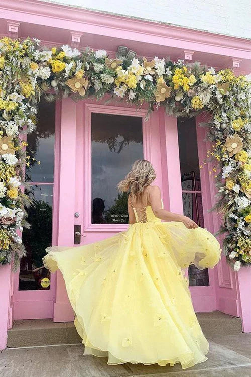 Liymcdress Straps Yellow Prom Dress Tulle Bodice 3D Flowers With Back Lace Up Evening Dress