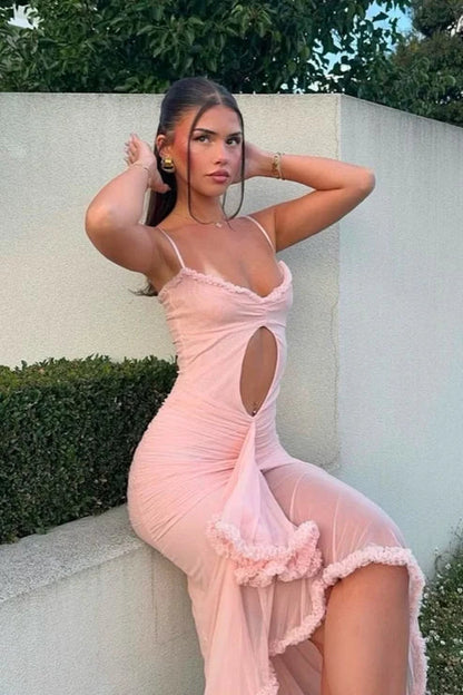 Wholesale Sexy Light Pink Mermaid Spaghetti Strap Ruffle Tulle Prom Dress Evening Party Dress Charming Formal Dress