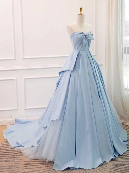 Liymcdress A Line Sweetheart Neck Blue Satin Tulle Long Prom Dress Evening Dress Off Shoulder Charming