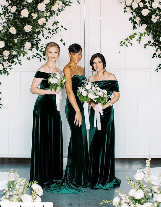Stunning A Line Off the Shoulder Hunter Green Velvet Bridesmaid Dress Evening Dress SH3199