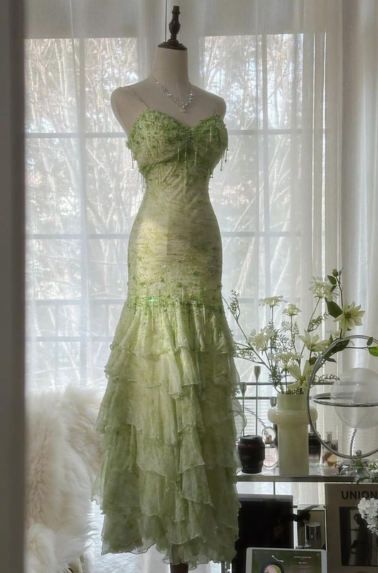 Gorgeous Green Mermaid Sweetheart  Chiffon Beaded Layered Prom Dress Long Evening Dress Y8558