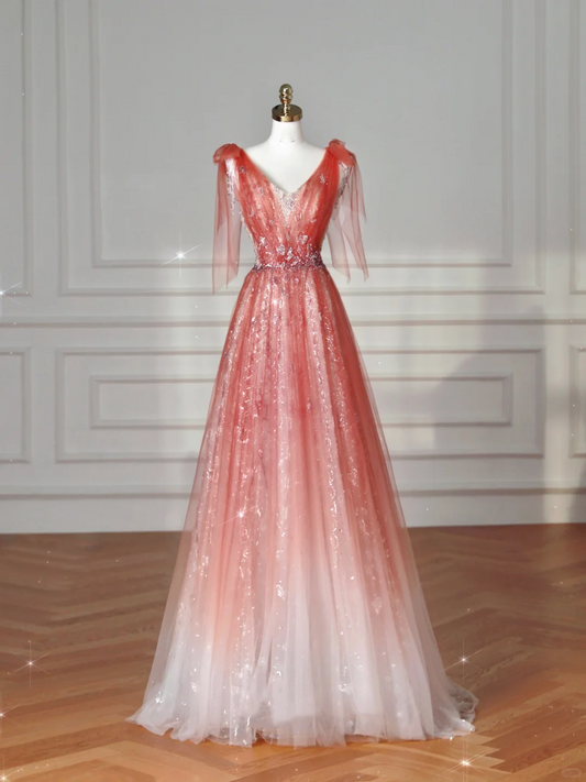 Elegant V Neck Tulle Sequins Prom Dress,Strawberry Pink A Line Long Evening Dress Y8614