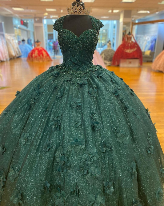Green Princess Ball Gown Quinceanera Dresses Sweet 15 Party 3D Flowers Lace Applique Crystal Beads Sequin Birthday Gown