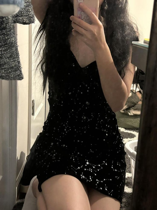 Chic Spaghetti Straps Black Sequin Homecoming Dress Sheath Short Cocktail Dress S568