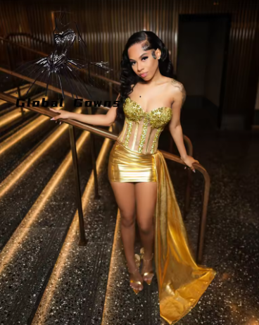 Gorgeous Gold Short Sheath Cocktail Dress Side Train Mini Birthday Dress Homecoming Dress For Black Girl  S667
