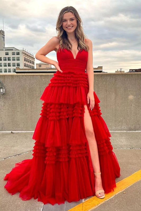 V Neck Blue Red Champagne Tulle Long Prom Dresses, V Neck Blue Red Champagne Tulle Formal Evening Dresses