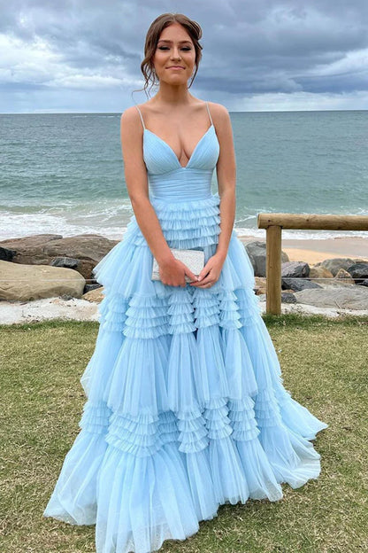 V Neck Blue Red Champagne Tulle Long Prom Dresses, V Neck Blue Red Champagne Tulle Formal Evening Dresses