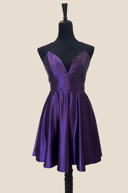 V Neck Purple A-line Short Homecoming Dress