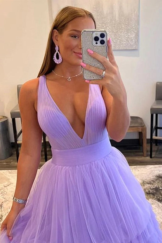 V Neck Purple High Low Tulle Long Prom Dresses, Purple V Neck Tulle Long Formal Evening Dresses