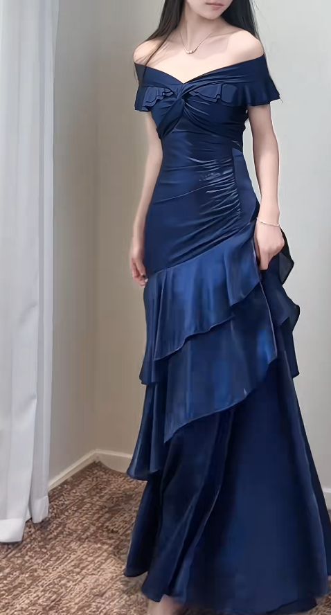 Vintage Off The Shoulder Blue Party Dresses Ruffle Senior Prom Dress,LTP4306