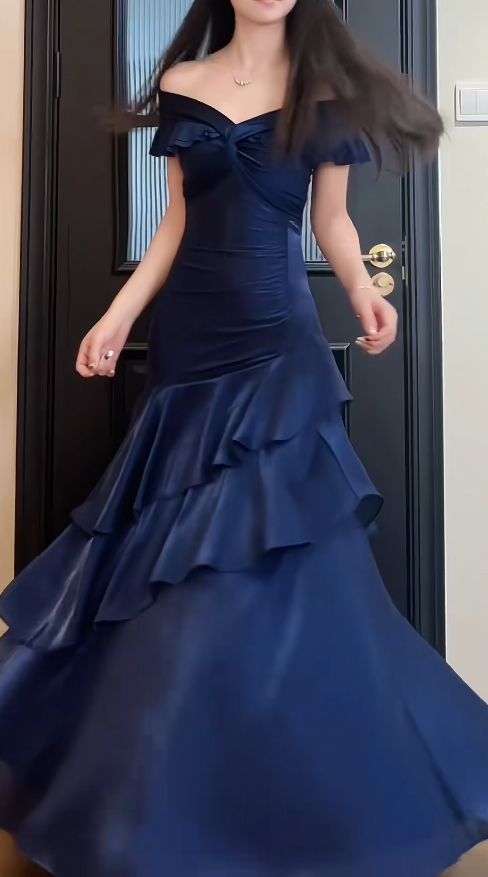 Vintage Off The Shoulder Blue Party Dresses Ruffle Senior Prom Dress,LTP4306