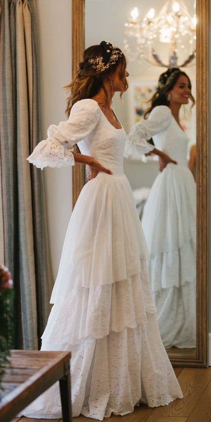 Vintage White Lace Wedding Gown, Ruffle Bridal Dresses
