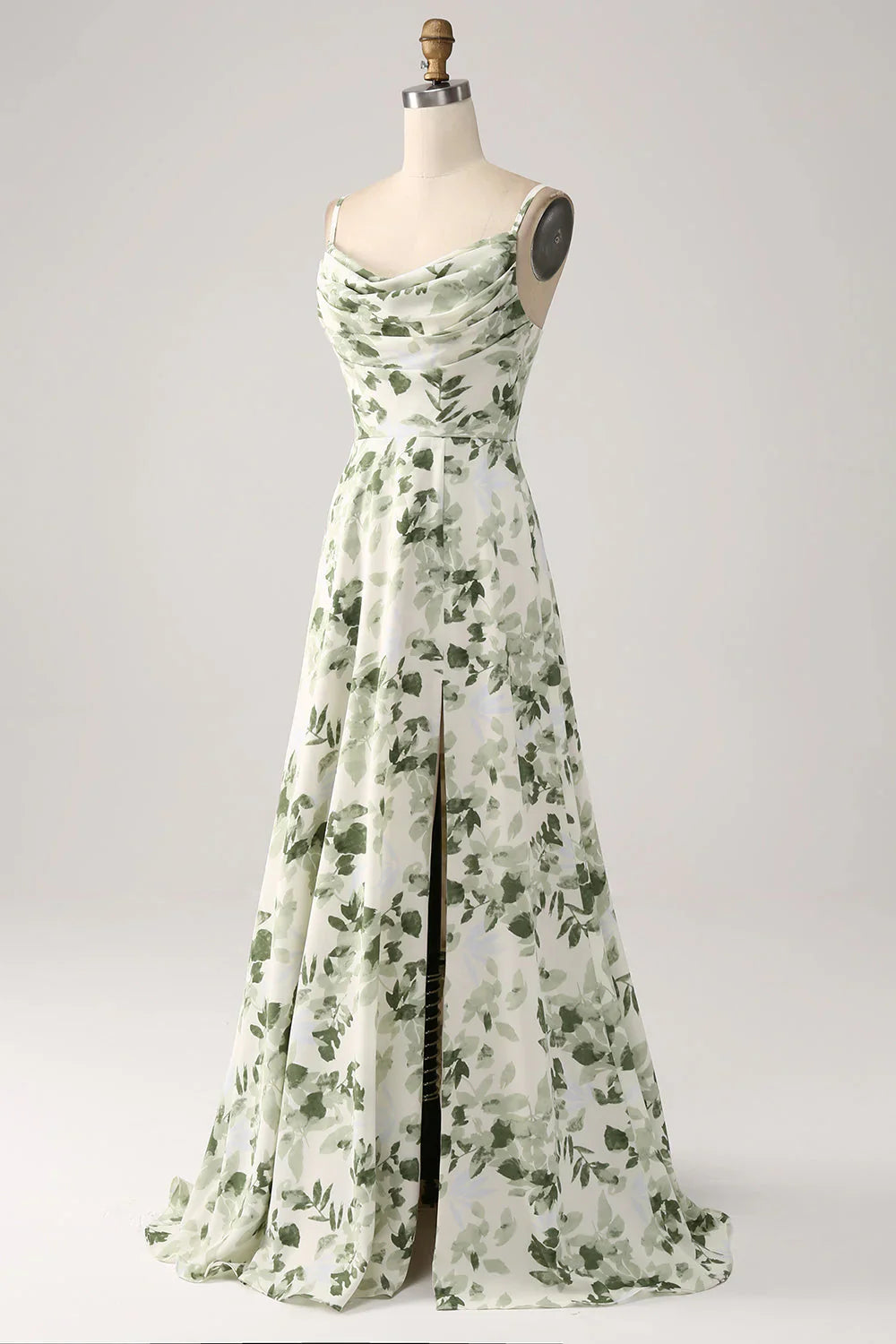 Cowl Neck Floral A Line Prom Dress With Slit