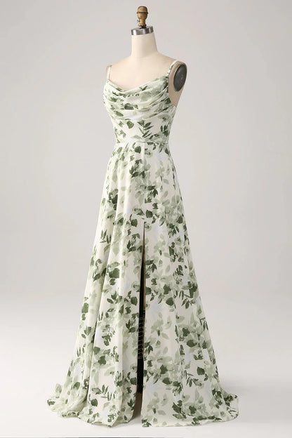 Cowl Neck Floral A Line Prom Dress With Slit