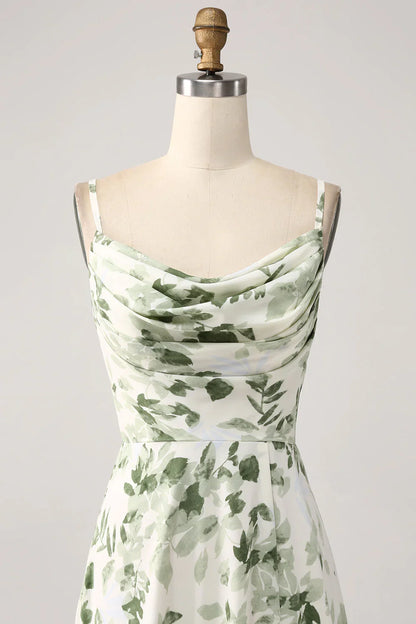 Cowl Neck Floral A Line Prom Dress With Slit
