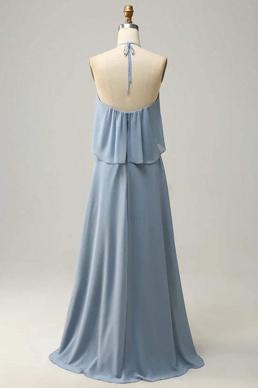 A Line Halter Neck Long Bridesmaid Dress