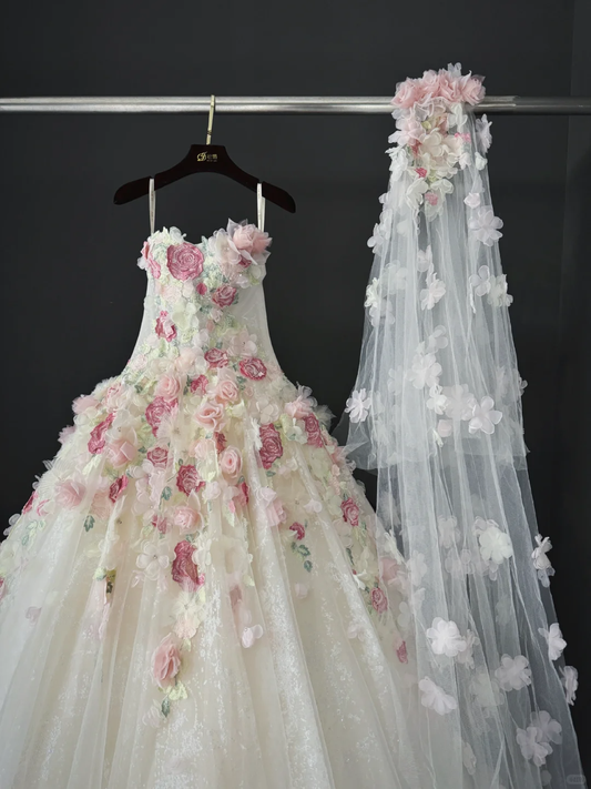 Romantic Pink Floral A Line Sweetheart Neck Tulle Long Prom Dress Gown Dress SH3581