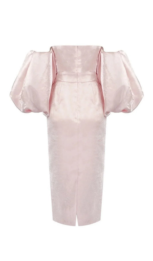 Satin Strapless Pink Prom Dress With Puff Sleeve