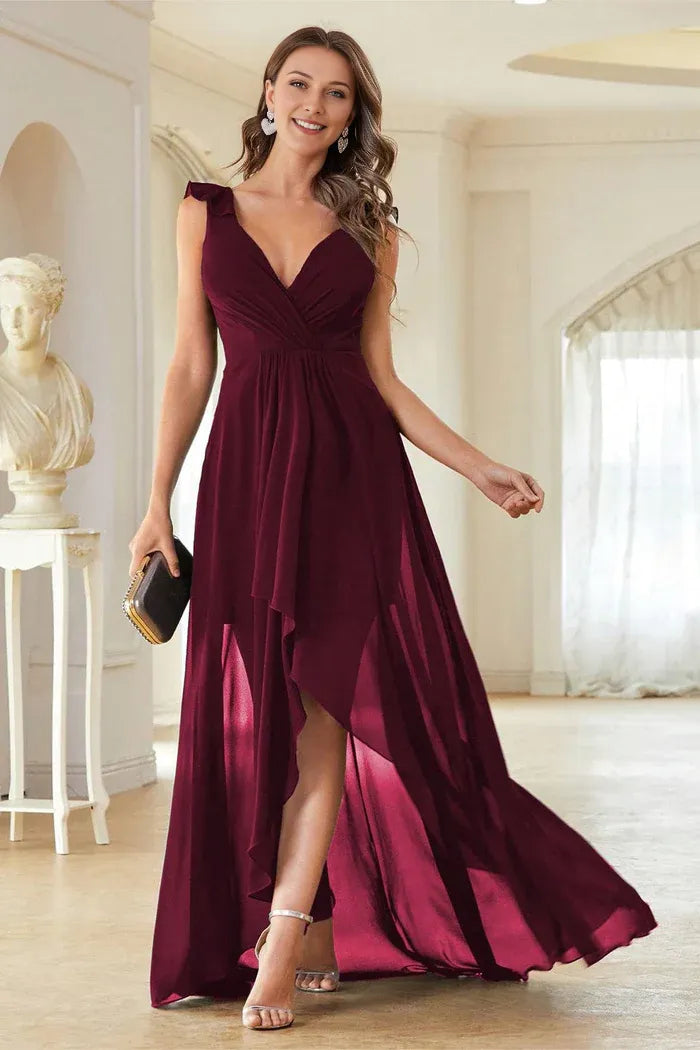 Weitese Dress A-Line Burgundy V-Neck Chiffon Sleeveless Maxi Dress With High Low Prom Dress