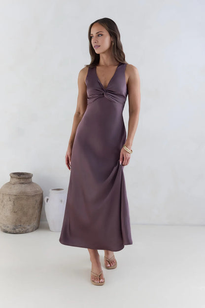 Weitese Dress Classic Satin Twist Neck Purple Prom Dresses With Open Crisscross Back Sleeveless Maxi Dress