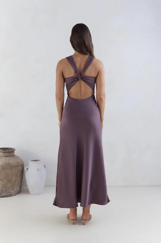 Weitese Dress Classic Satin Twist Neck Purple Prom Dresses With Open Crisscross Back Sleeveless Maxi Dress
