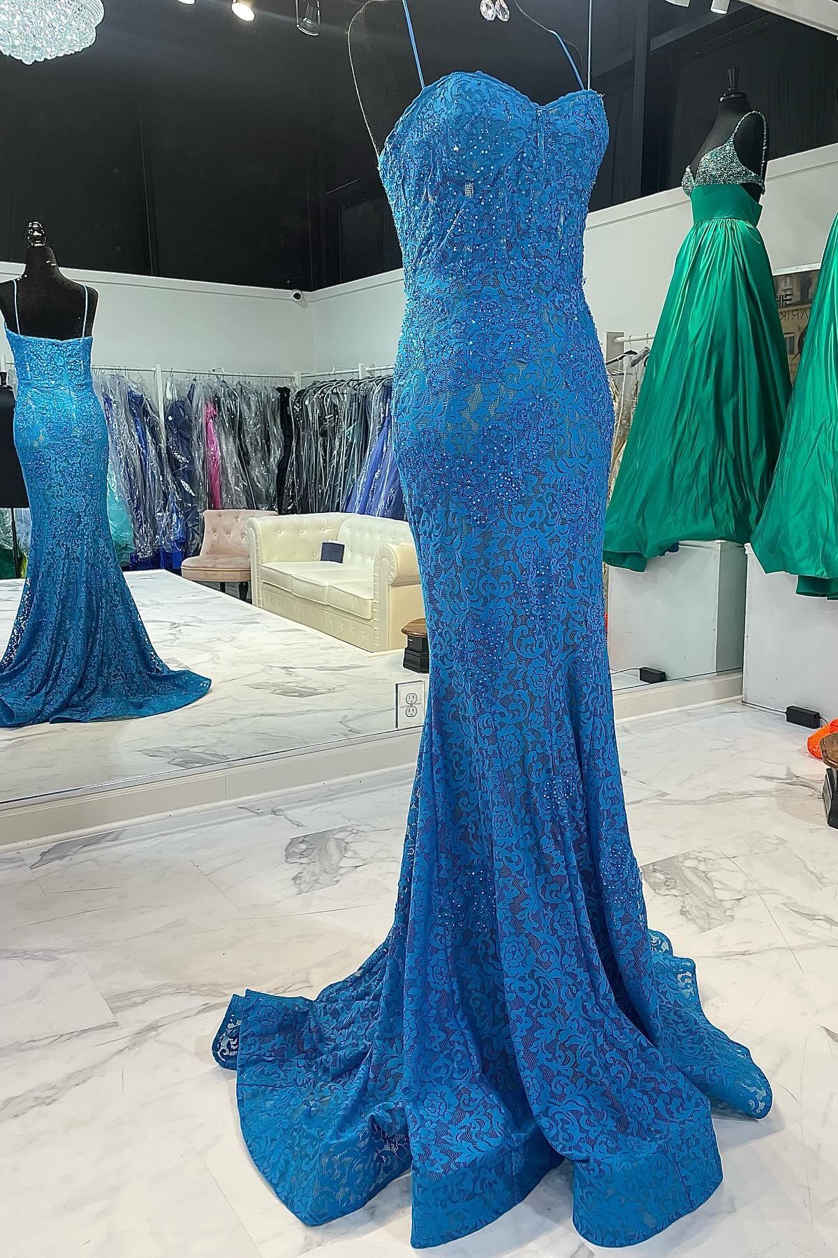Weitese Dress Off the Shoulder Spaghetti Straps Blue Mermaid Dress Lace Applique Maxi Dress Prom Dress