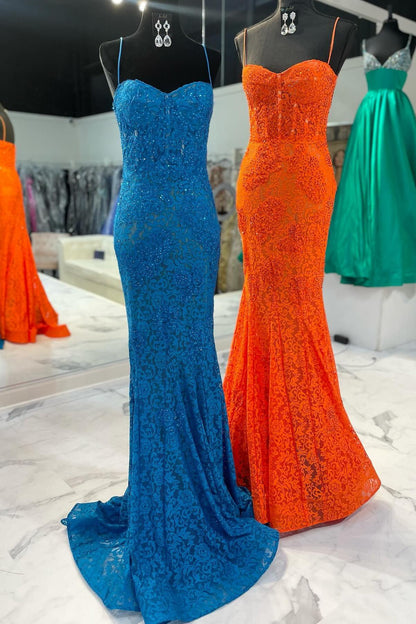 Weitese Dress Off the Shoulder Spaghetti Straps Blue Mermaid Dress Lace Applique Maxi Dress Prom Dress