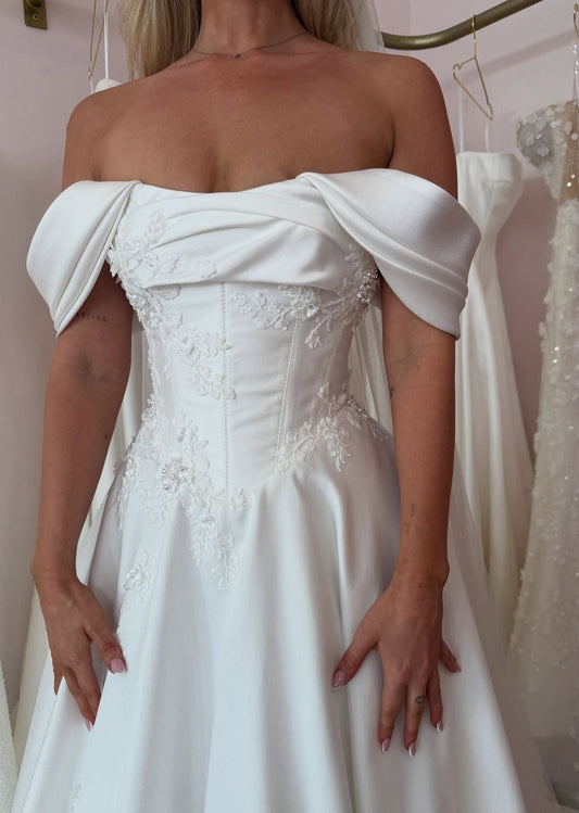 White Off The Shoulder Appliques Wedding Dresses A-Line Grace Bridal Dress,LTP4326