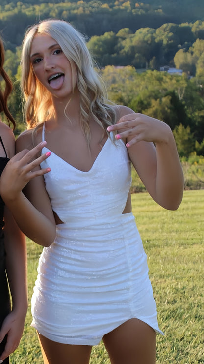 White Sequin Backless Homecoming Dresses Tight Birthday Dress