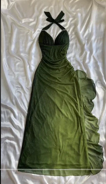 Shiny Green Gradient Long Chiffon Ball Gown Prom Dress Celebrity Dresses