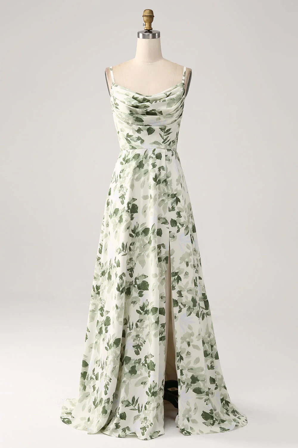 Cowl Neck Floral A Line Prom Dress With Slit