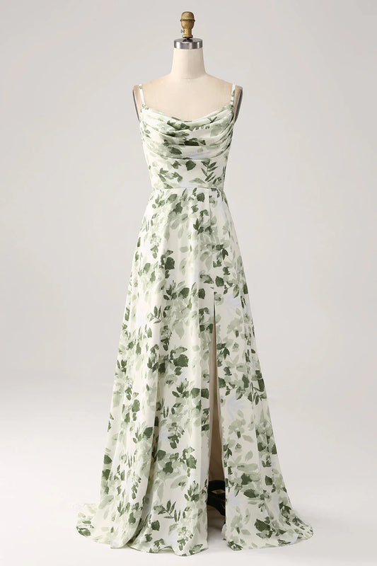 Cowl Neck Floral A Line Prom Dress With Slit