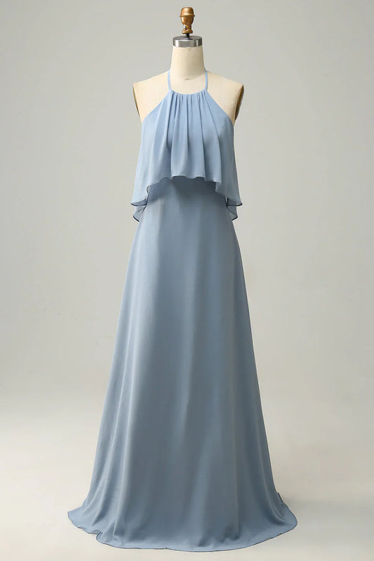 A Line Halter Neck Long Bridesmaid Dress