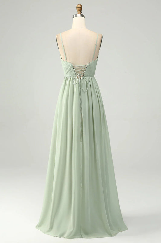 A-Line Chiffon Spaghetti Straps Long Bridesmaid Dress With Slit