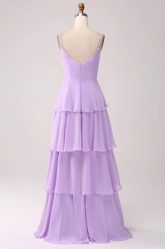 A Line Spaghetti Straps Tiered Chiffon Bridesmaid Dress With Slit