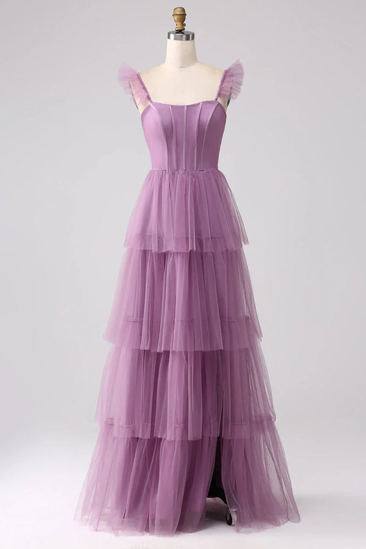 A Line Tulle Tiered Pleated Long Prom Dress With Slit